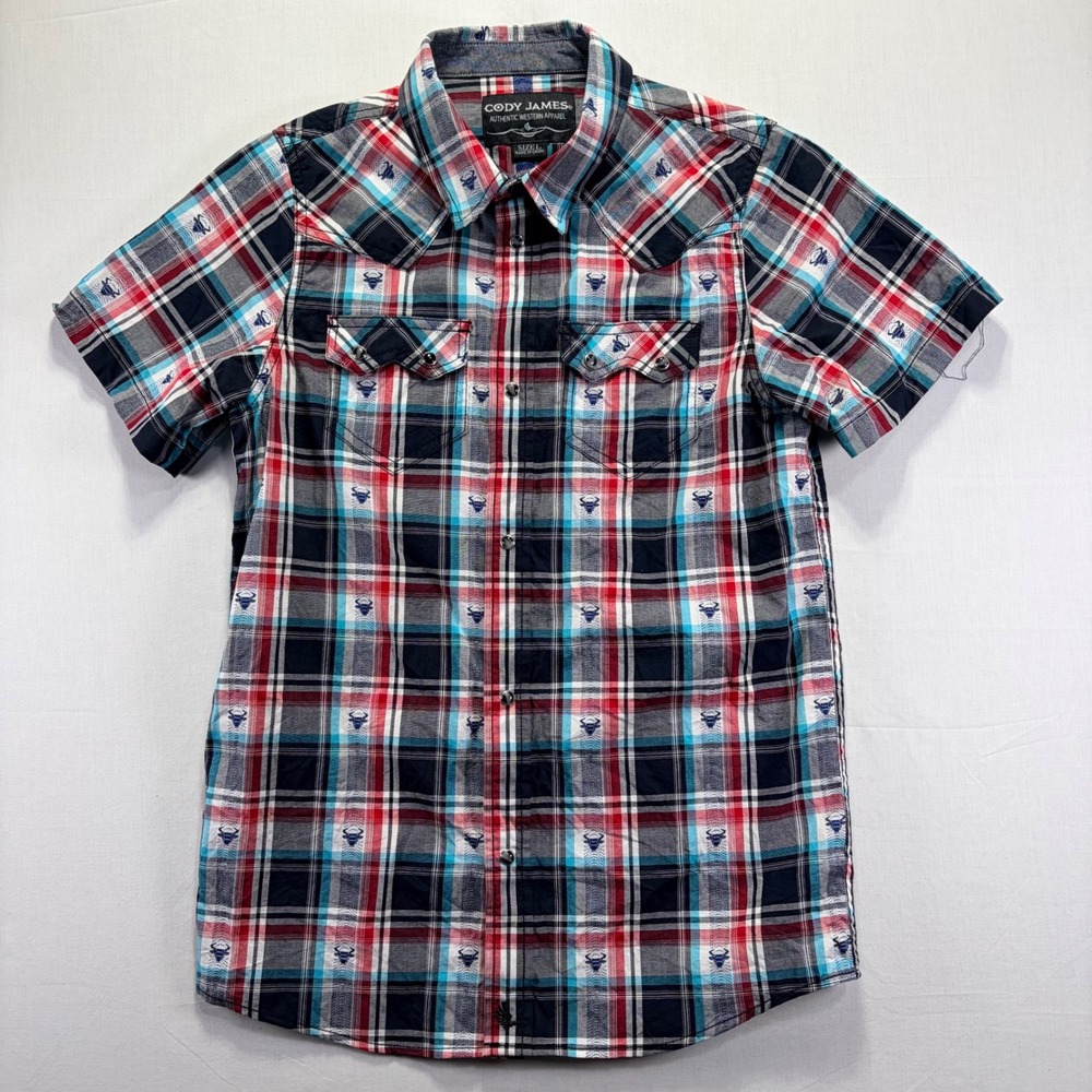 Cody James Kids Western Apparel Short Sleeve Plaid Bull Print Shirt Size L - Picture 2 of 6
